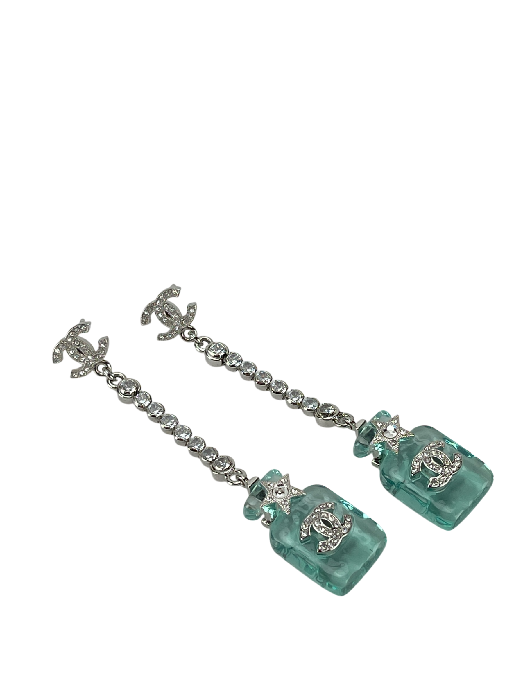 CHANEL - 23S Blue Resin Diamante Perfume Bottle Earrings 
