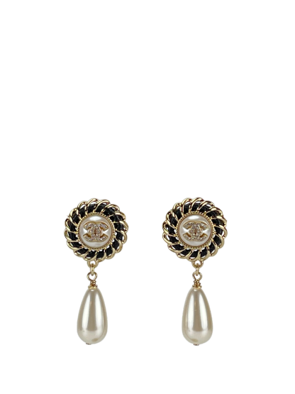 CHANEL - 24B Gold Logo CC Coco Mark Pearl Flower Earrings 