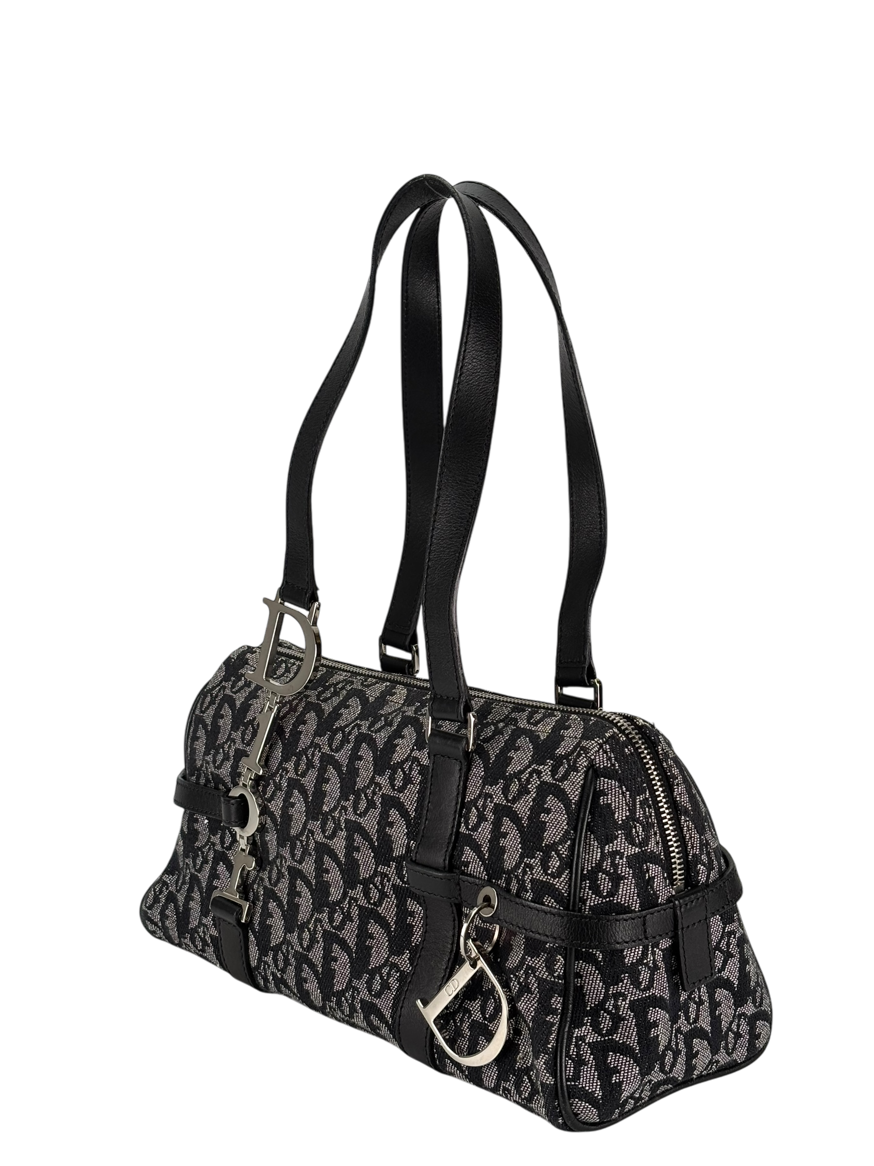 CHRISTIAN DIOR - Navy Canvas Leather Trotter Logo Handbag Sliver Hardware