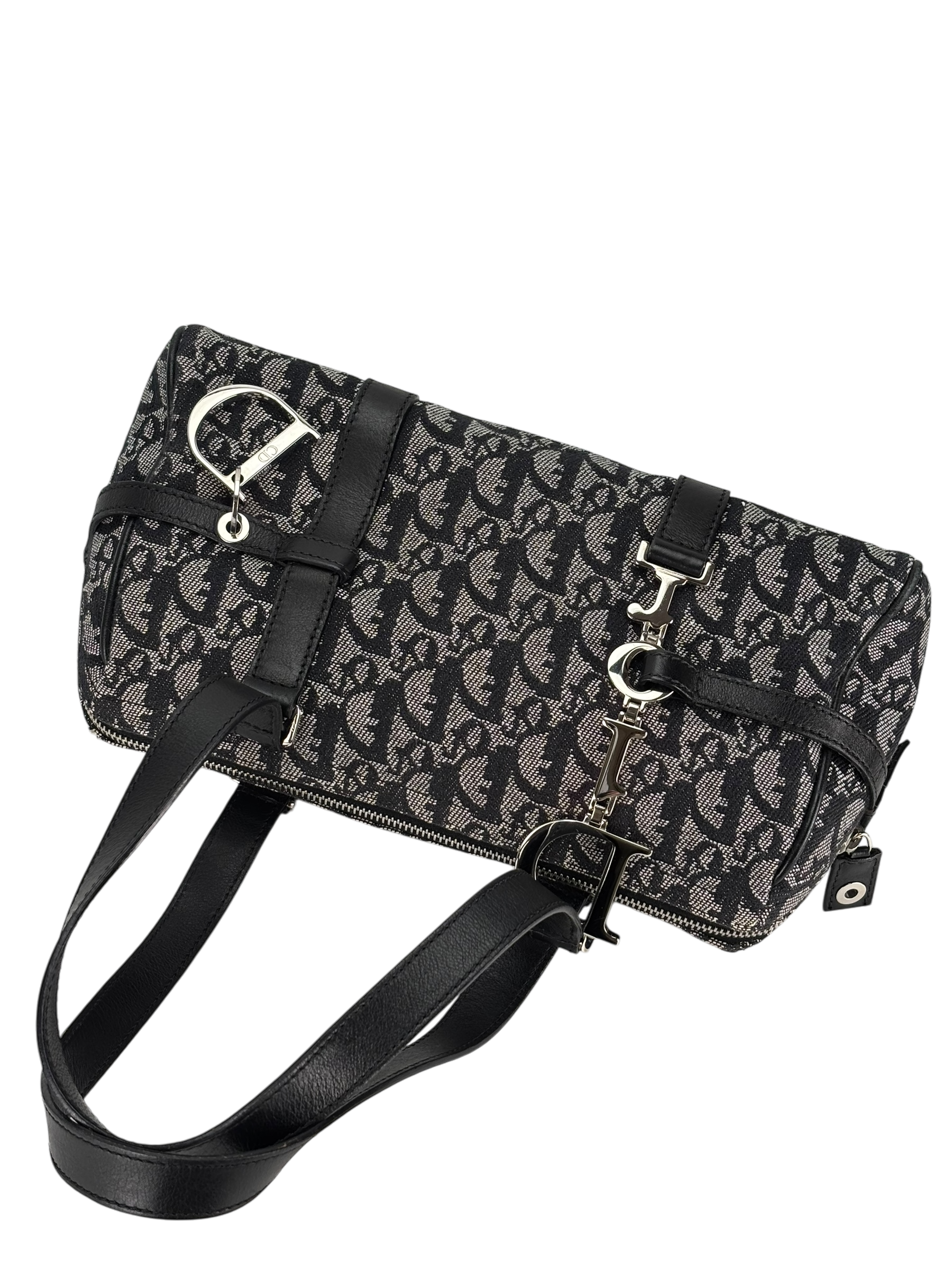 CHRISTIAN DIOR - Navy Canvas Leather Trotter Logo Handbag Sliver Hardware