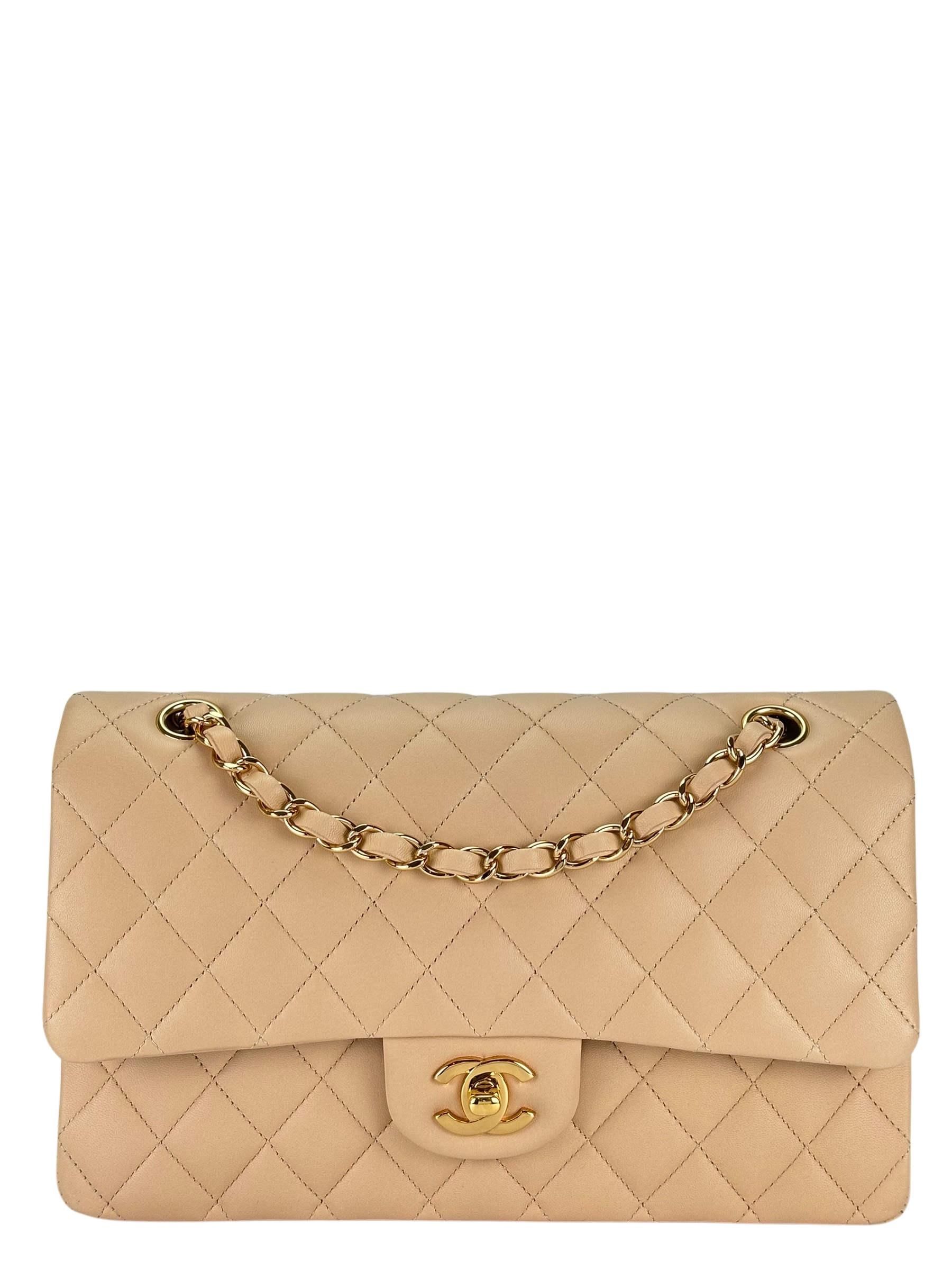 CHANEL - Medium Classic Double Flap Bag Beige Lambskin Gold Hardware (CF25)