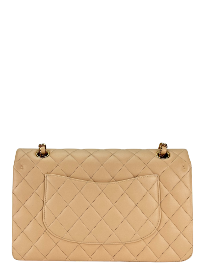 CHANEL - Medium Classic Double Flap Bag Beige Lambskin Gold Hardware (CF25)