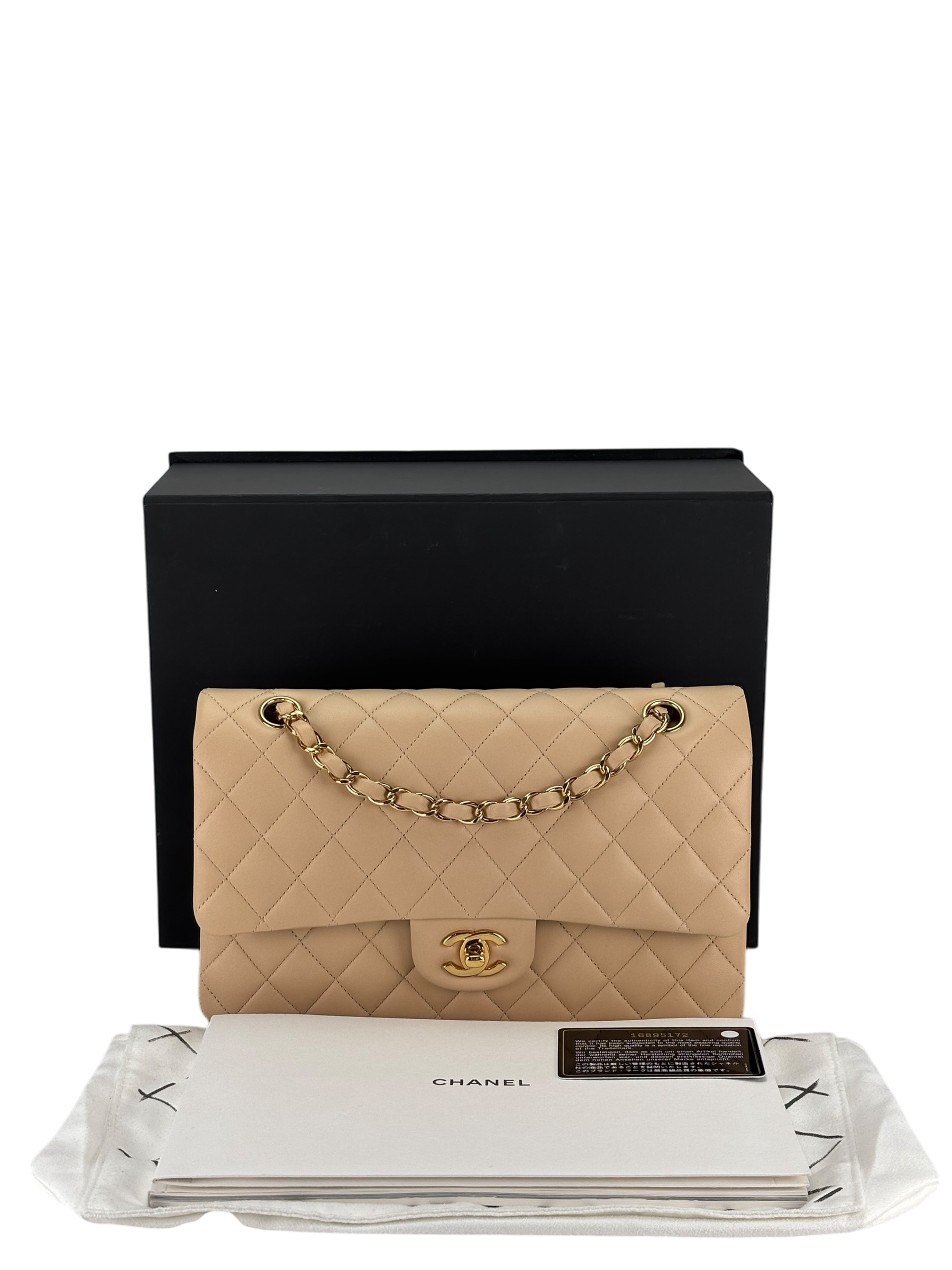 CHANEL - Medium Classic Double Flap Bag Beige Lambskin Gold Hardware (CF25)
