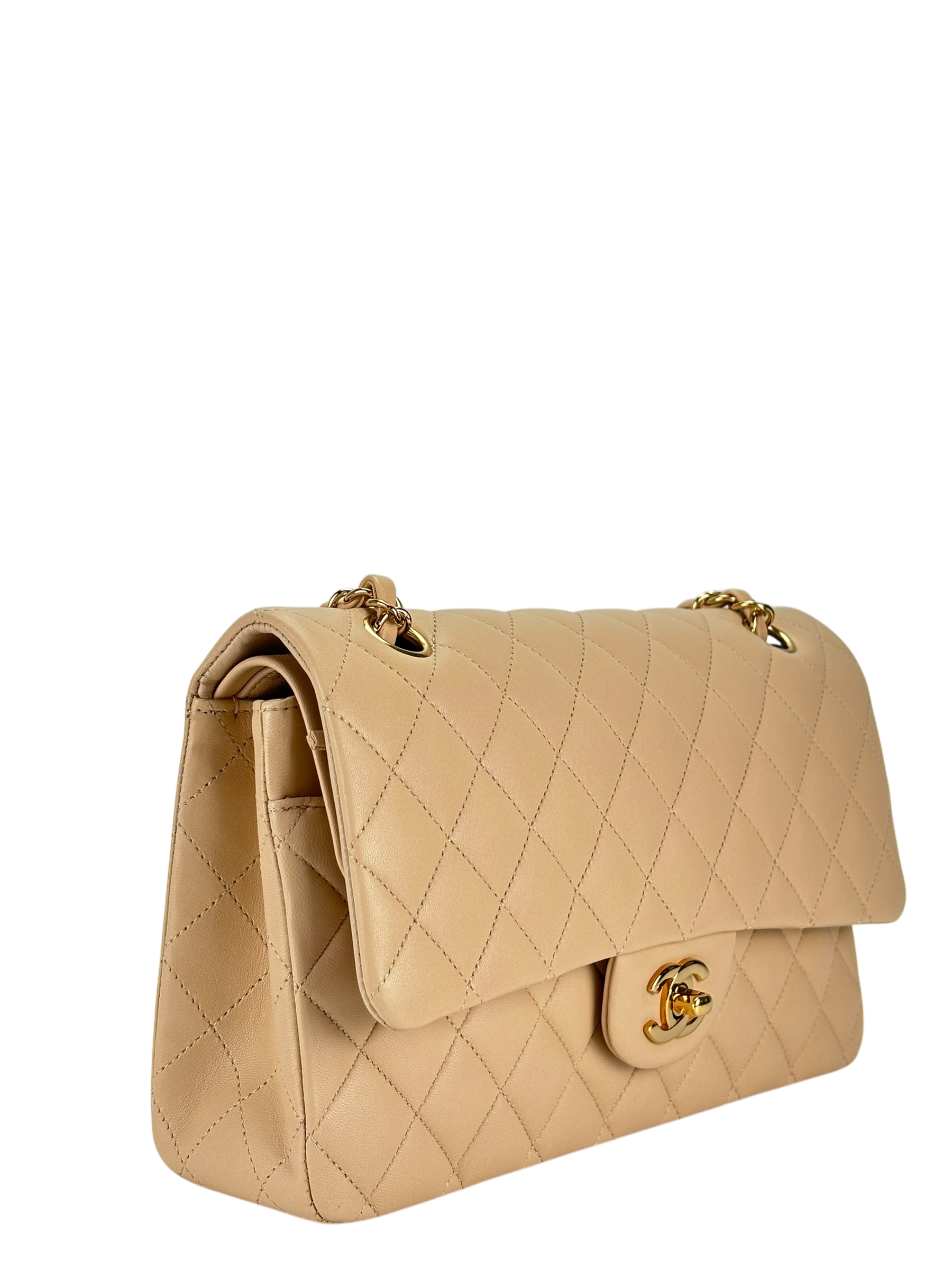 CHANEL - Medium Classic Double Flap Bag Beige Lambskin Gold Hardware (CF25)