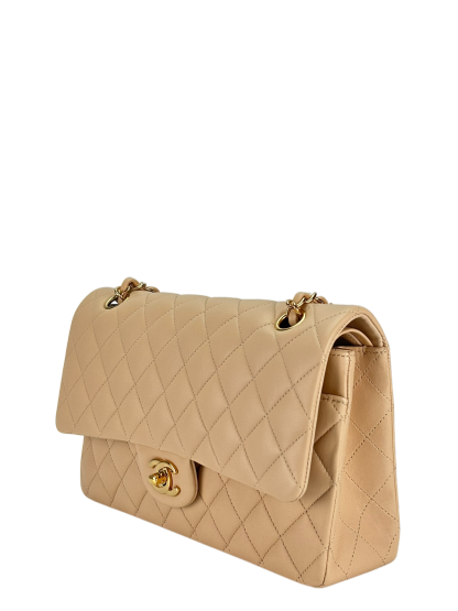 CHANEL - Medium Classic Double Flap Bag Beige Lambskin Gold Hardware (CF25)