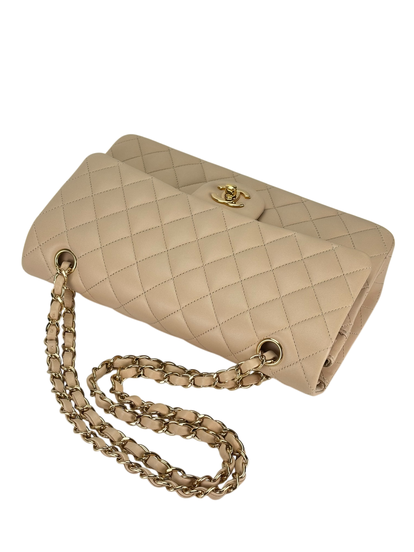 CHANEL - Medium Classic Double Flap Bag Beige Lambskin Gold Hardware (CF25)
