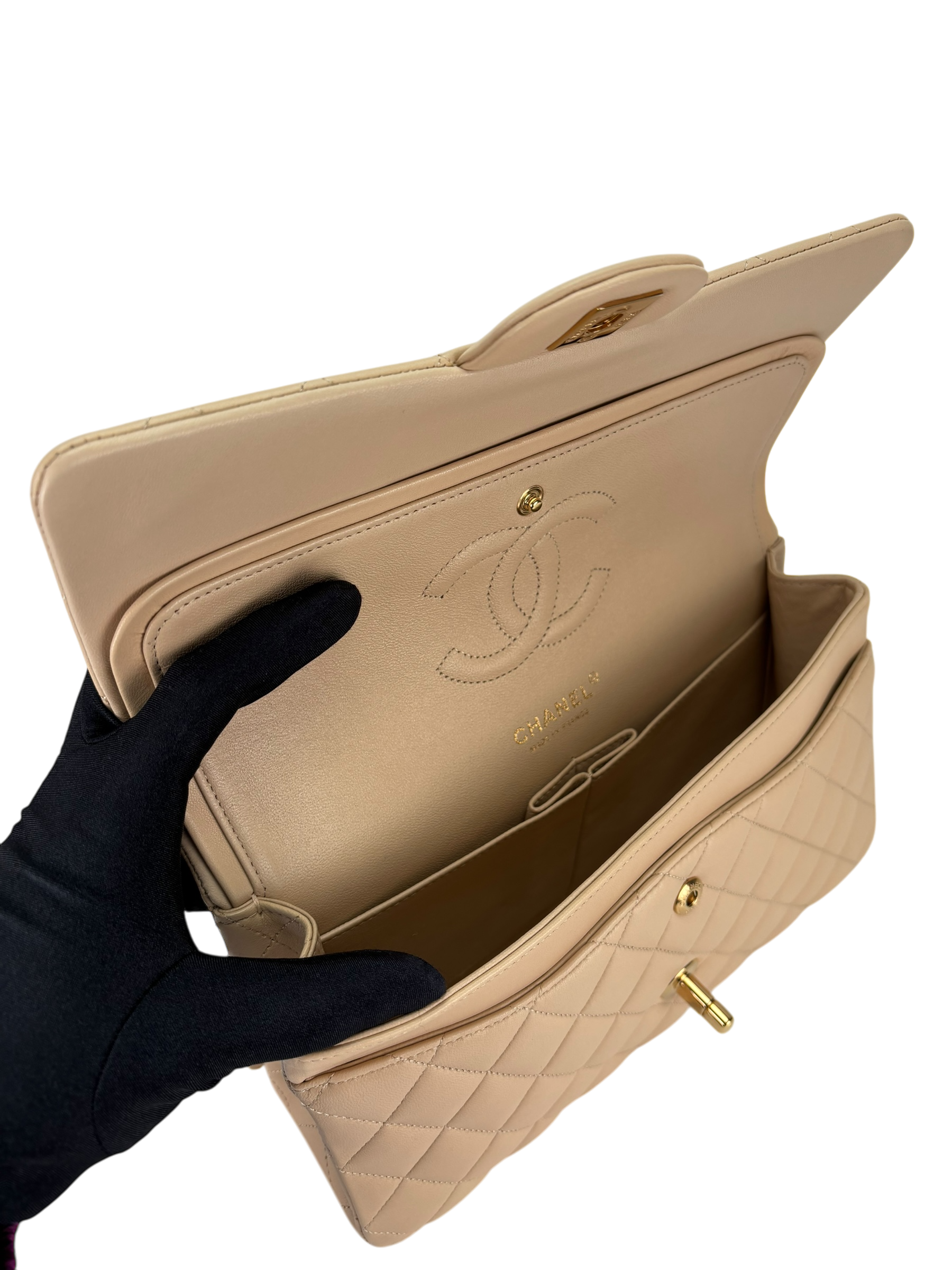 CHANEL - Medium Classic Double Flap Bag Beige Lambskin Gold Hardware (CF25)