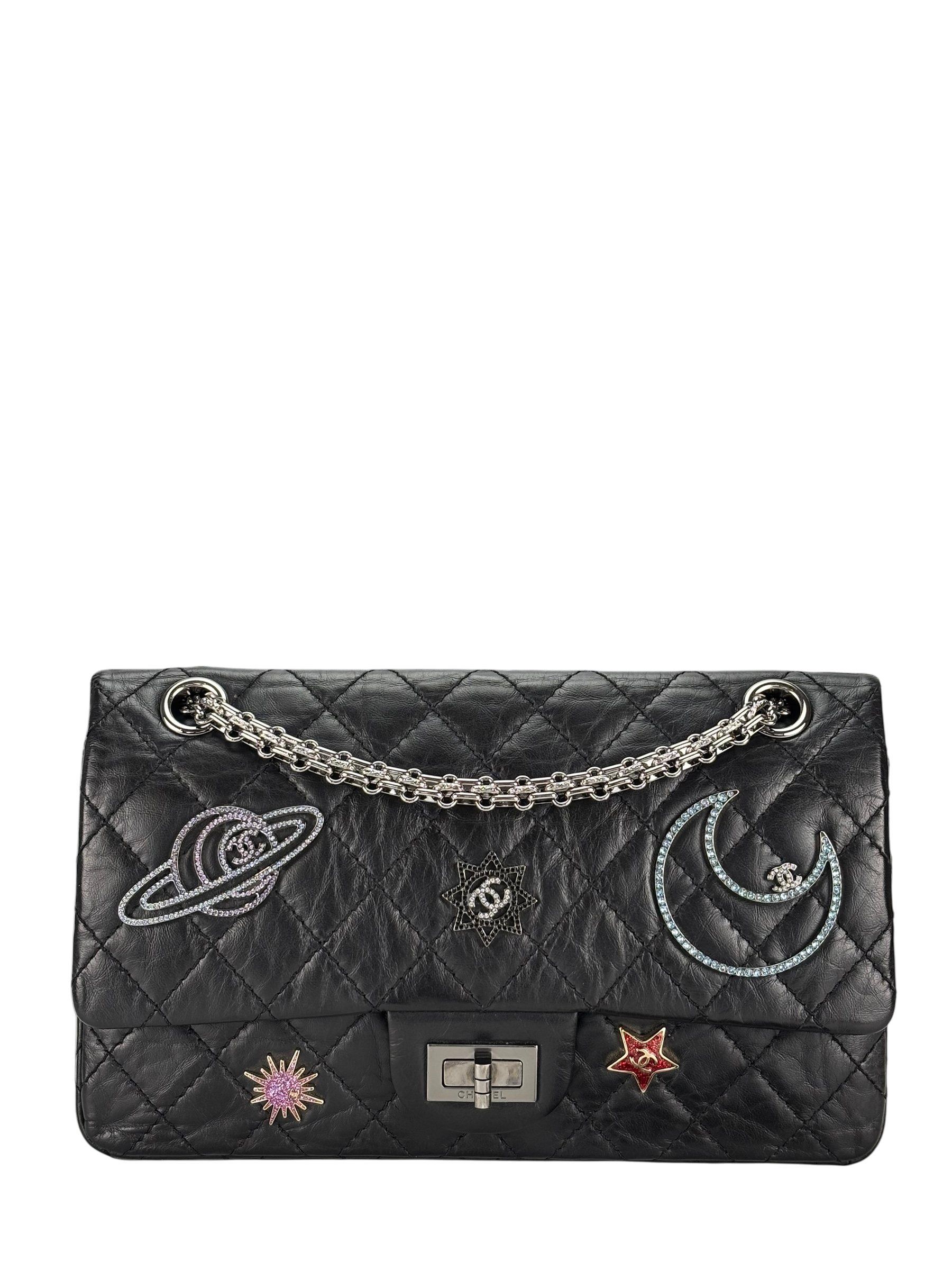CHANEL - Black Calfskin 2017 2.55 Reissue Space Crystal Charms shoulder bag Sliver Hardware