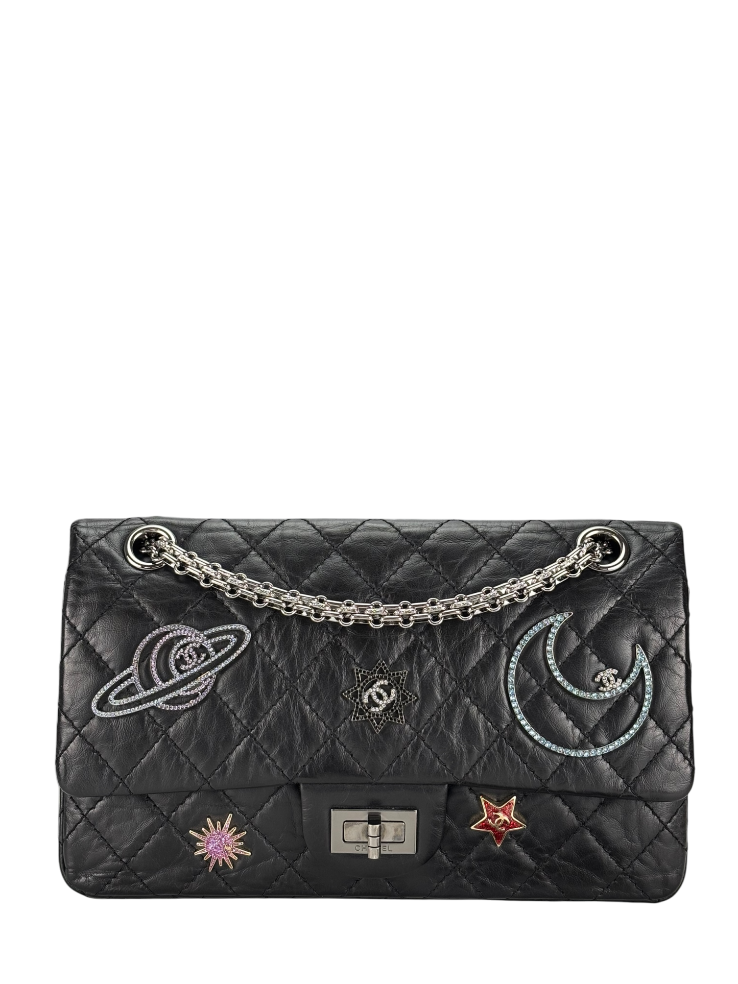 CHANEL - Black Calfskin 2017 2.55 Reissue Space Crystal Charms shoulder bag Sliver Hardware
