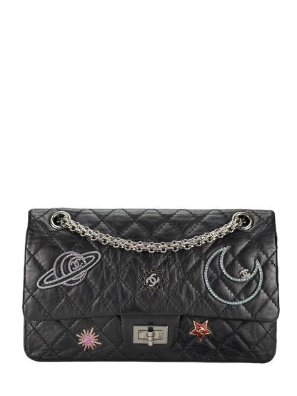 CHANEL - Black Calfskin 2017 2.55 Reissue Space Crystal Charms shoulder bag Sliver Hardware