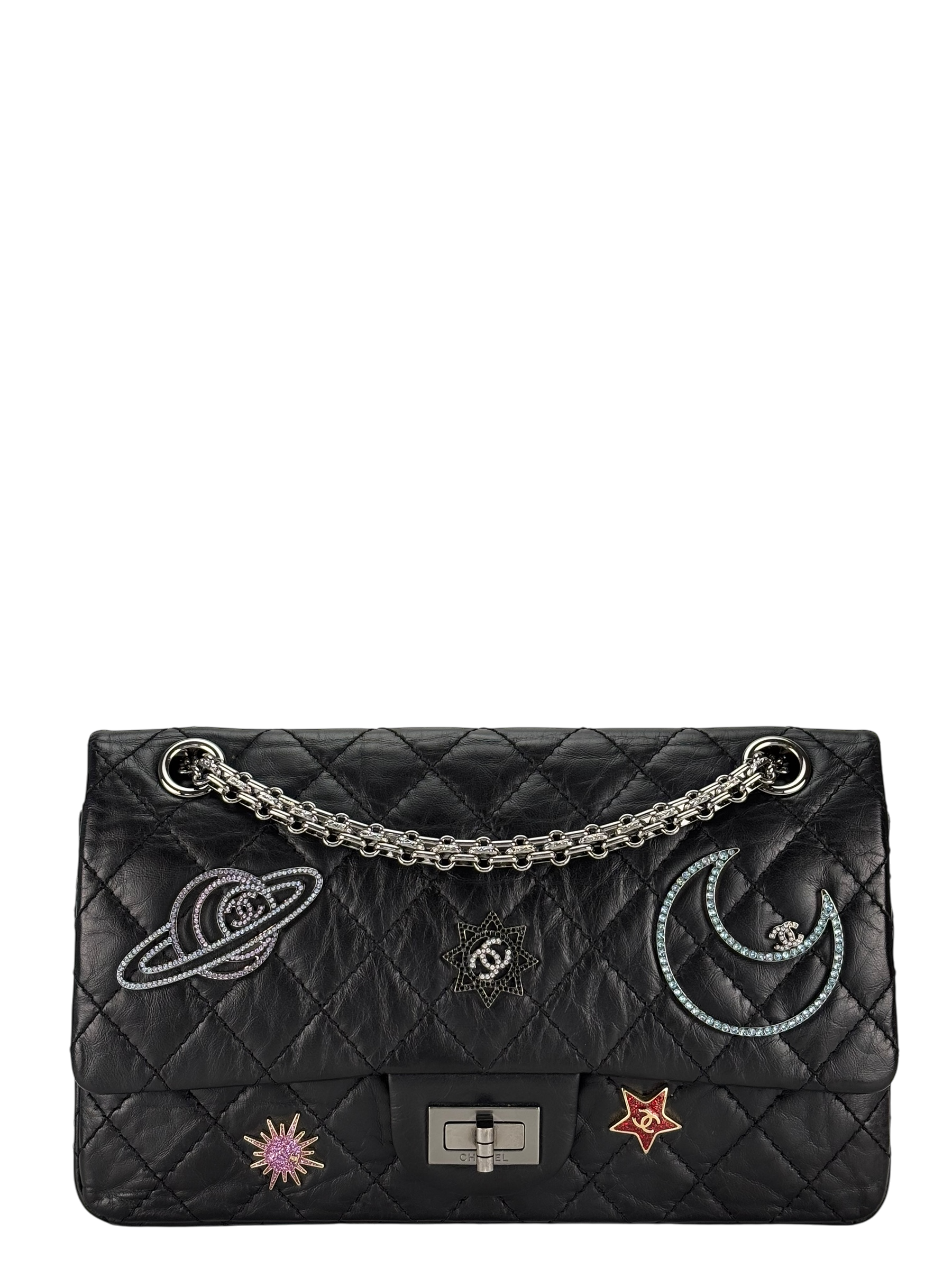 CHANEL - Black Calfskin 2017 2.55 Reissue Space Crystal Charms shoulder bag Sliver Hardware
