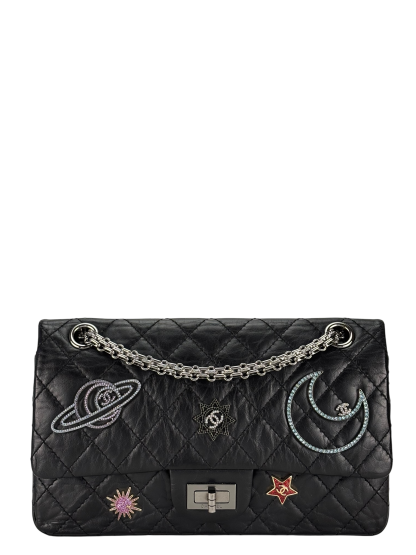 CHANEL - Black Calfskin 2017 2.55 Reissue Space Crystal Charms shoulder bag Sliver Hardware