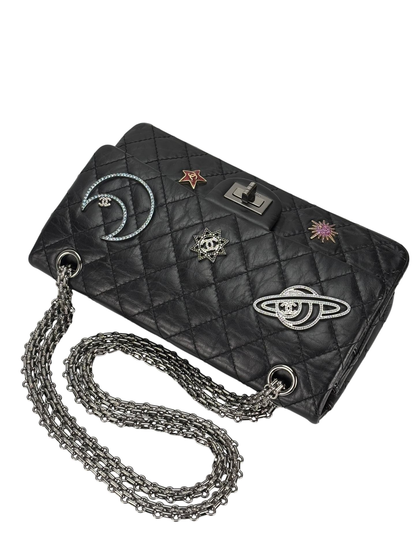CHANEL - Black Calfskin 2017 2.55 Reissue Space Crystal Charms shoulder bag Sliver Hardware
