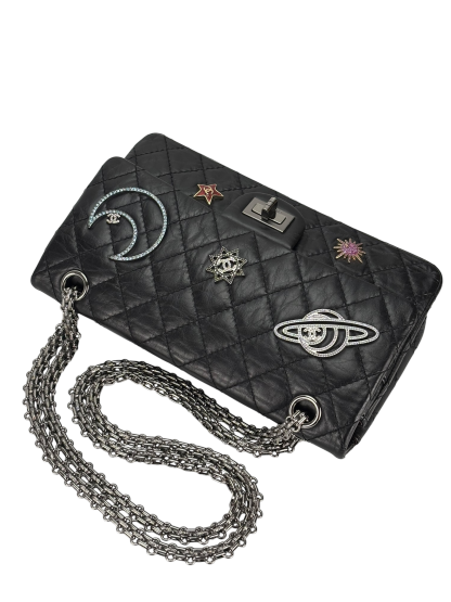 CHANEL - Black Calfskin 2017 2.55 Reissue Space Crystal Charms shoulder bag Sliver Hardware