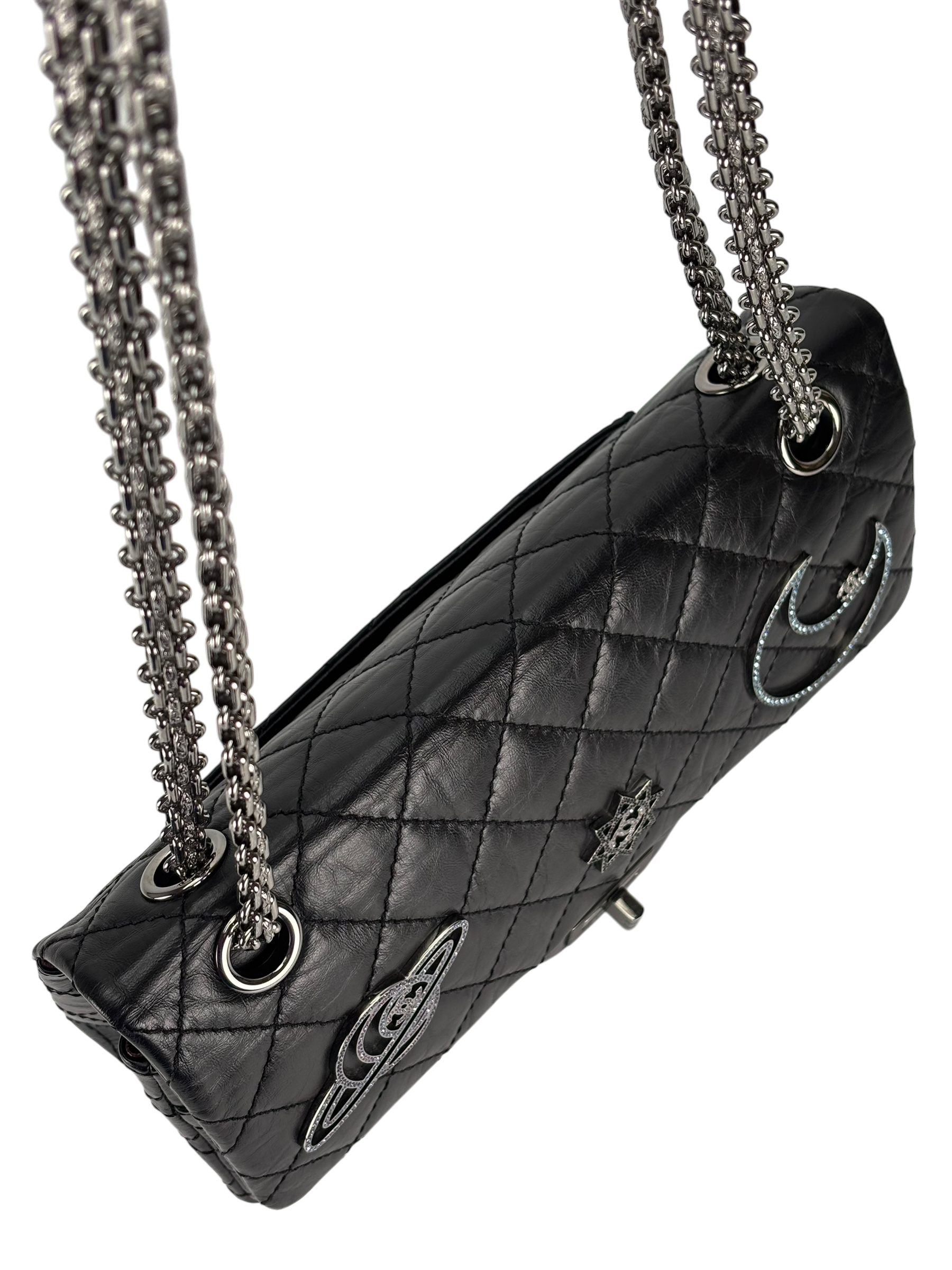 CHANEL - Black Calfskin 2017 2.55 Reissue Space Crystal Charms shoulder bag Sliver Hardware
