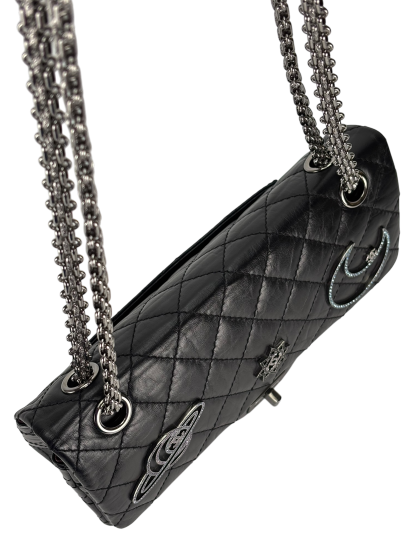 CHANEL - Black Calfskin 2017 2.55 Reissue Space Crystal Charms shoulder bag Sliver Hardware