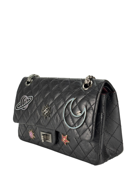 CHANEL - Black Calfskin 2017 2.55 Reissue Space Crystal Charms shoulder bag Sliver Hardware