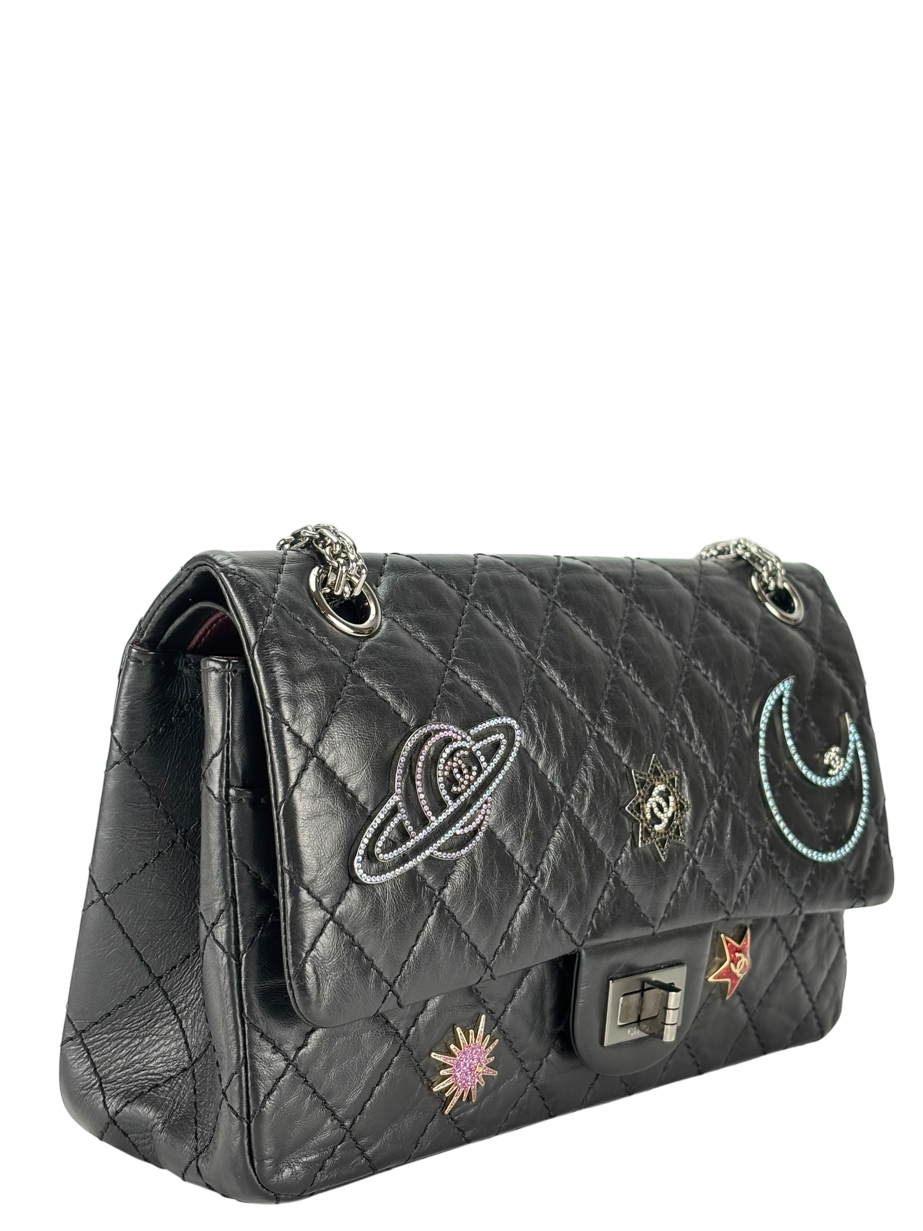 CHANEL - Black Calfskin 2017 2.55 Reissue Space Crystal Charms shoulder bag Sliver Hardware