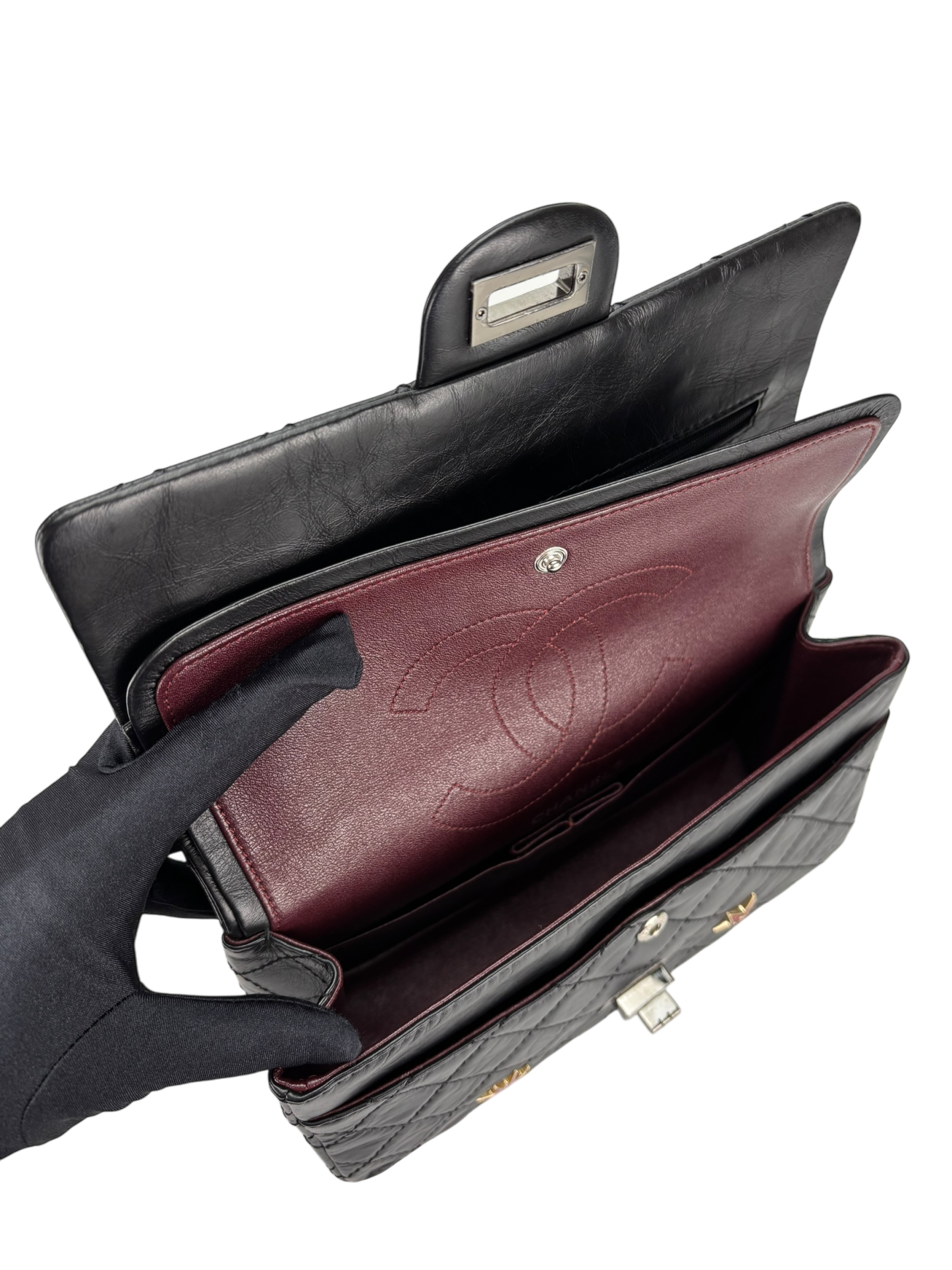 CHANEL - Black Calfskin 2017 2.55 Reissue Space Crystal Charms shoulder bag Sliver Hardware