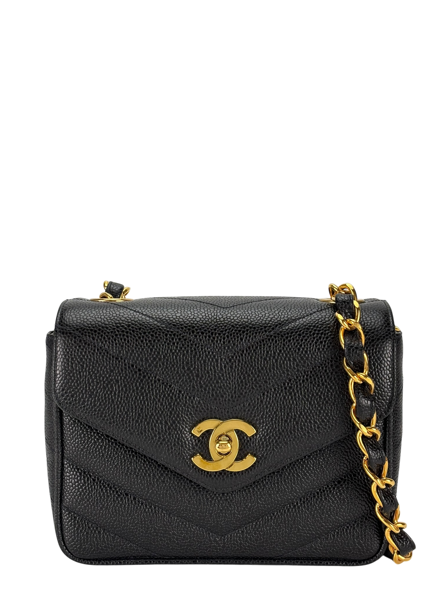 CHANEL - Black Cavair 1995 mini V-Stitch Square shoulder bag