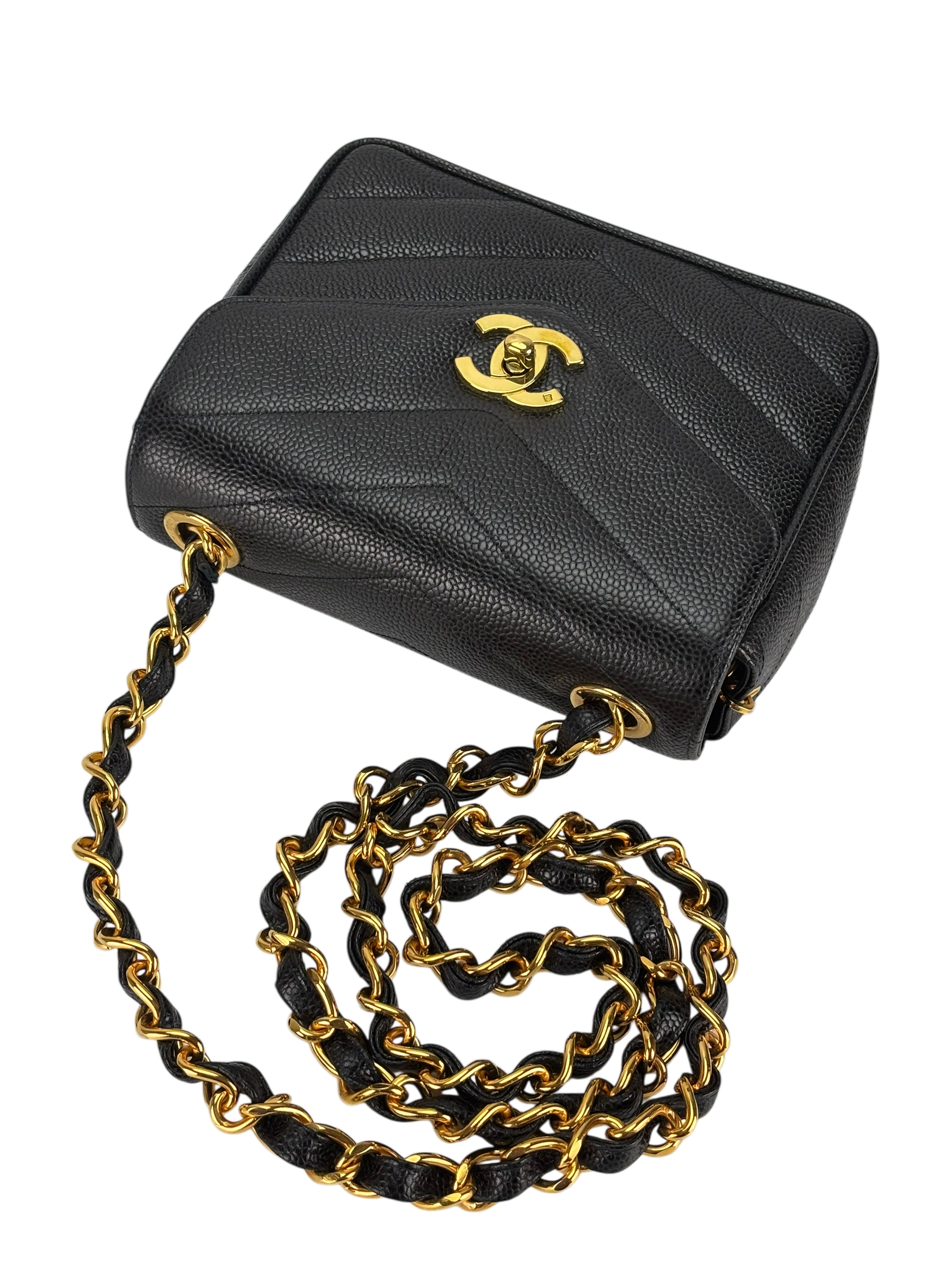CHANEL - Black Cavair 1995 mini V-Stitch Square shoulder bag