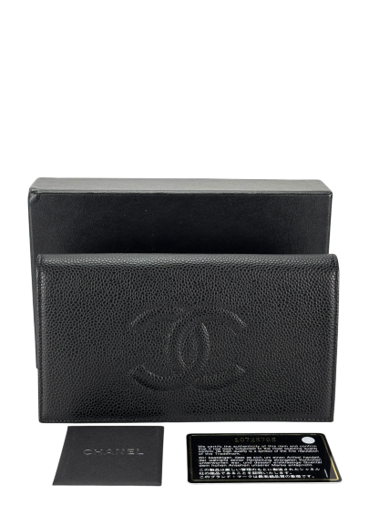 CHANEL - Black Leather Coco Mark Bi-fold Long Wallet