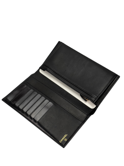 CHANEL - Black Leather Coco Mark Bi-fold Long Wallet