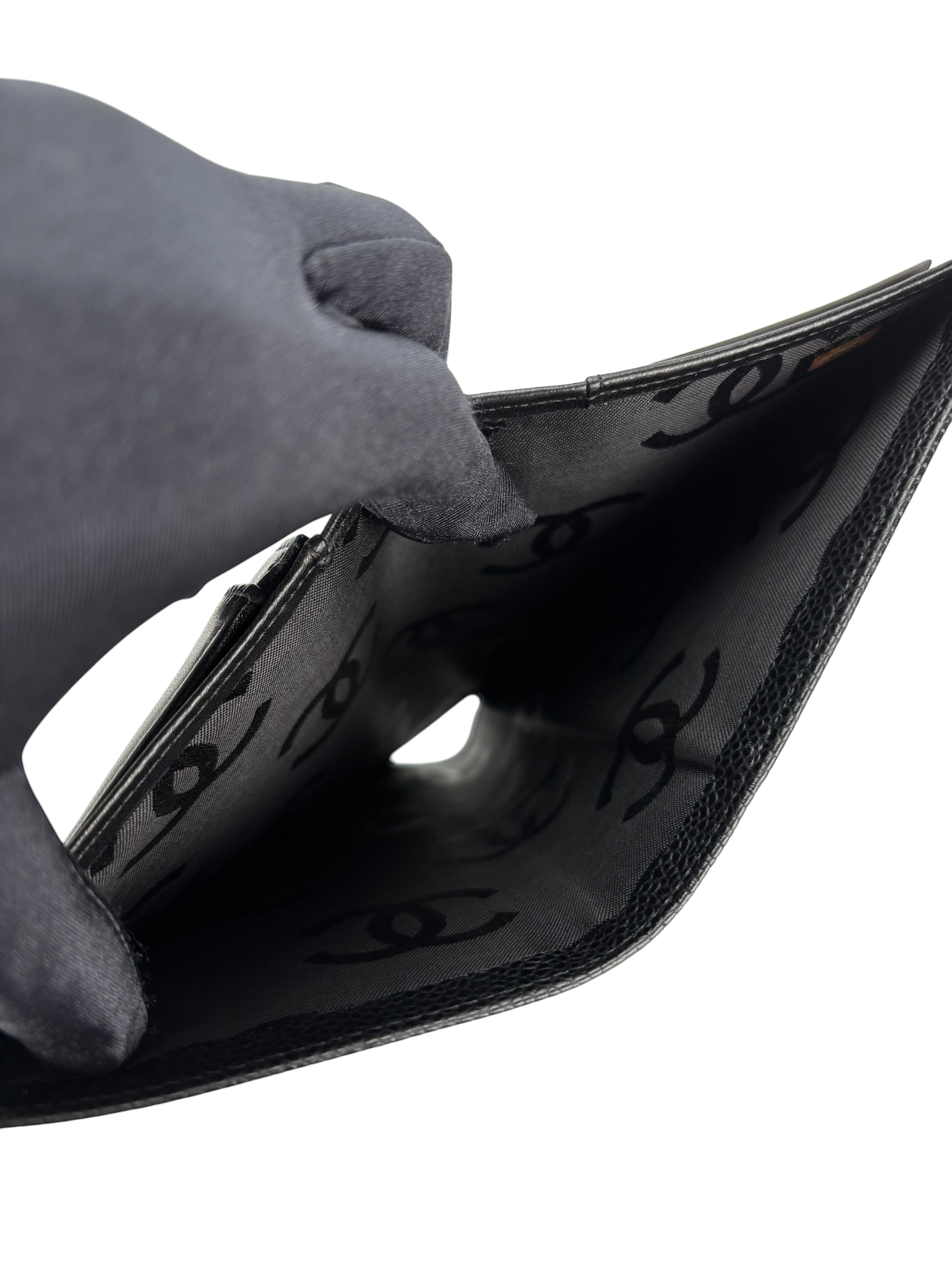 CHANEL - Black Leather Coco Mark Bi-fold Long Wallet