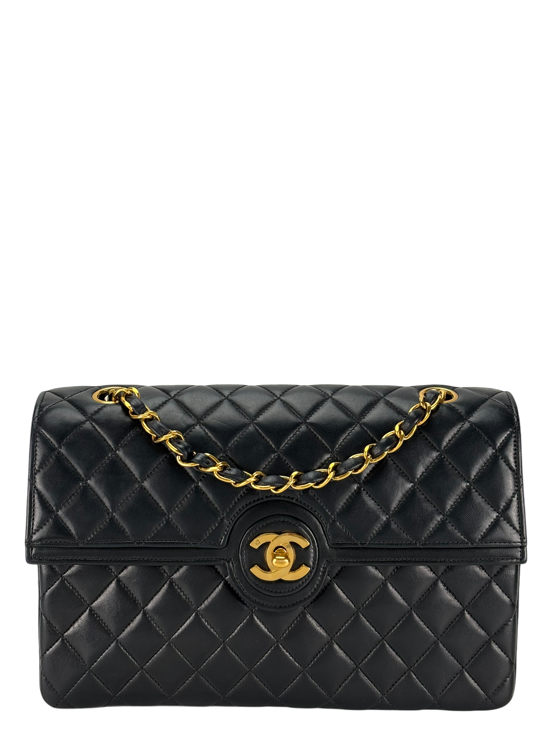 CHANEL - Medium Black Quilted Lambskin Circle Turn Lock Half Flap Chain Shoulder Bag