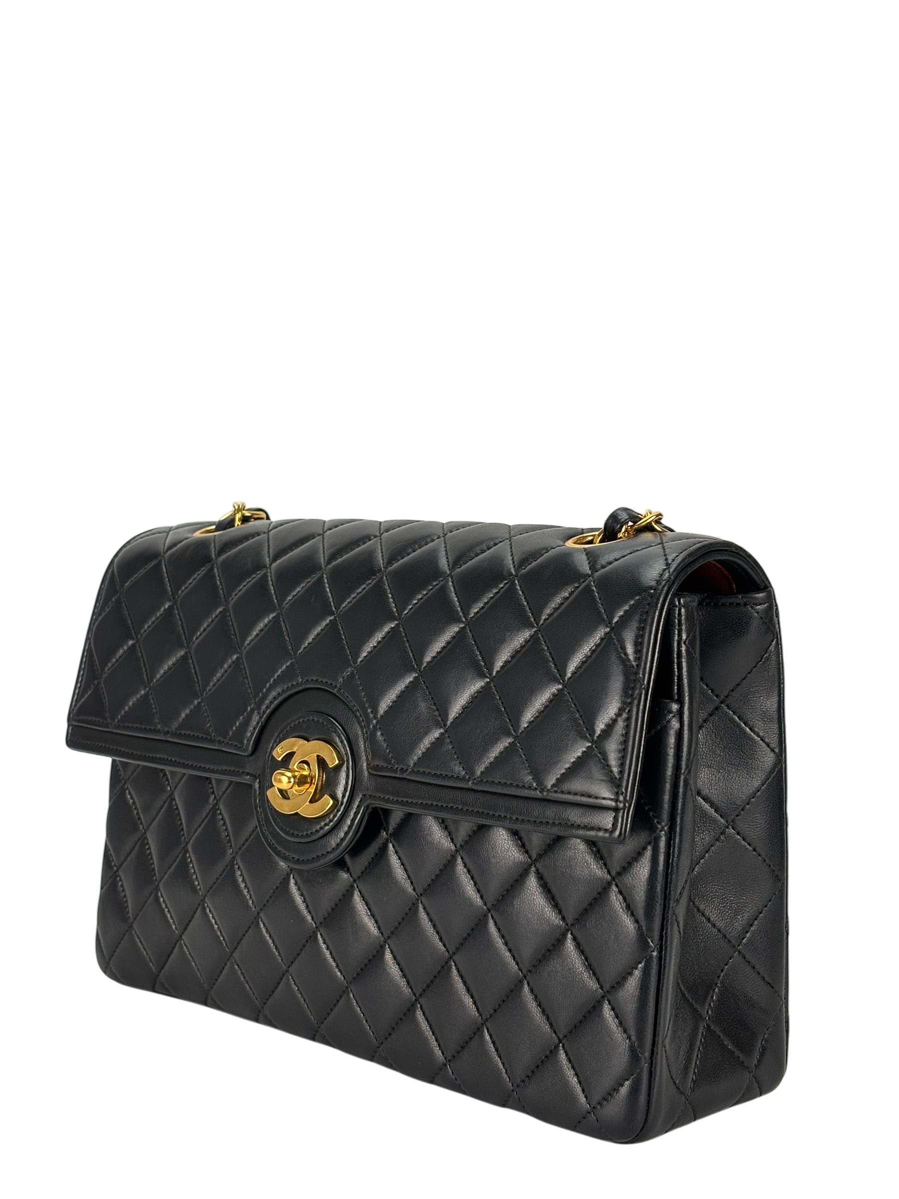 CHANEL - Medium Black Quilted Lambskin Circle Turn Lock Half Flap Chain Shoulder Bag