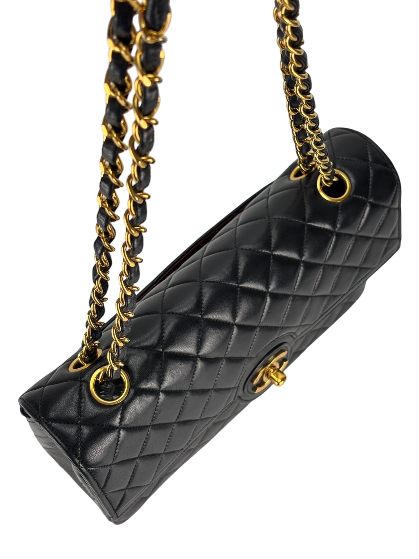CHANEL - Medium Black Quilted Lambskin Circle Turn Lock Half Flap Chain Shoulder Bag