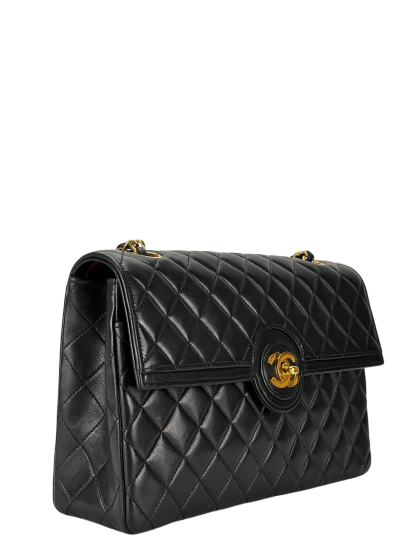 CHANEL - Medium Black Quilted Lambskin Circle Turn Lock Half Flap Chain Shoulder Bag
