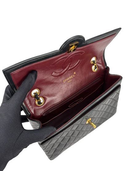 CHANEL - Medium Black Quilted Lambskin Circle Turn Lock Half Flap Chain Shoulder Bag