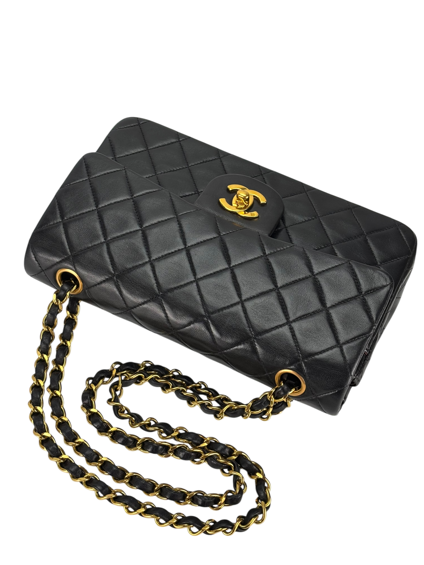 CHANEL - Small Classic Double Flap Bag Black Lambskin Gold Hardware (CF23)