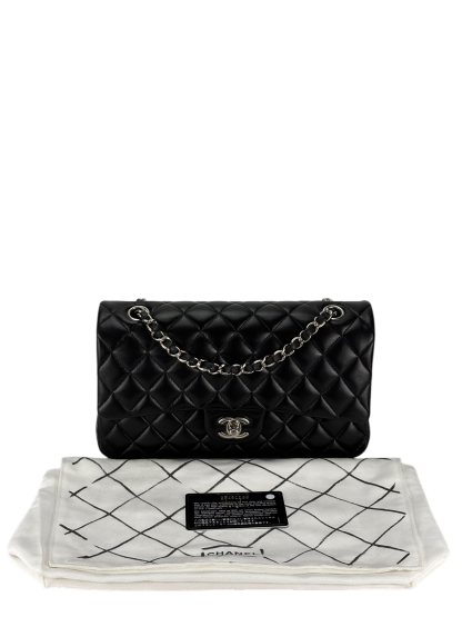 CHANEL - Medium Classic Double Flap Bag Black Lambskin Sliver Hardware (CF25)