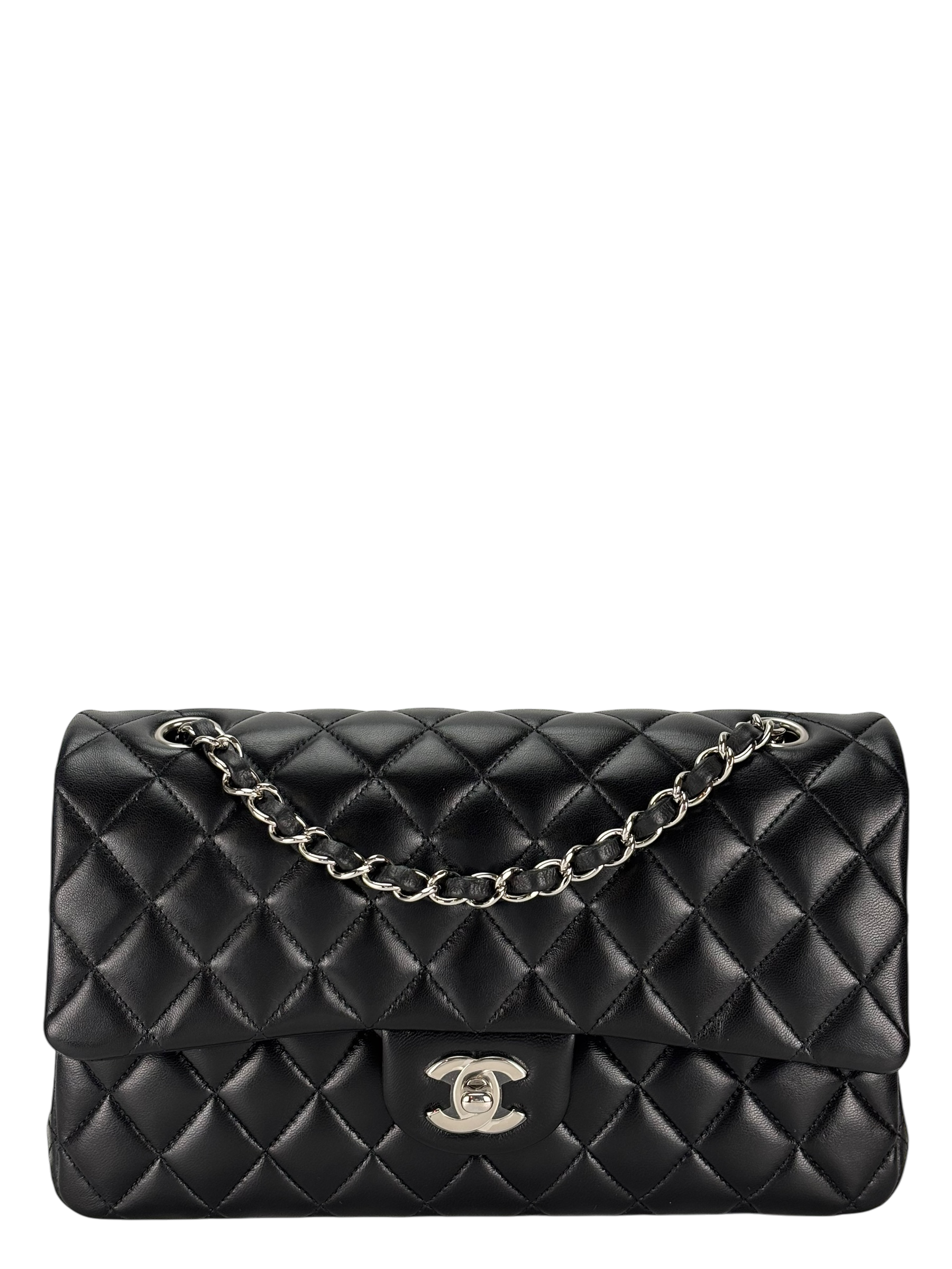 CHANEL - Medium Classic Double Flap Bag Black Lambskin Sliver Hardware (CF25)