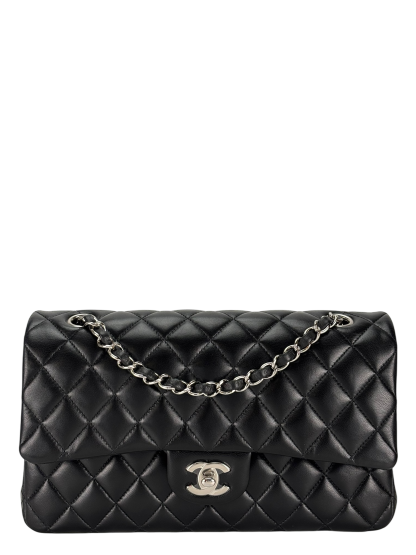 CHANEL - Medium Classic Double Flap Bag Black Lambskin Sliver Hardware (CF25)