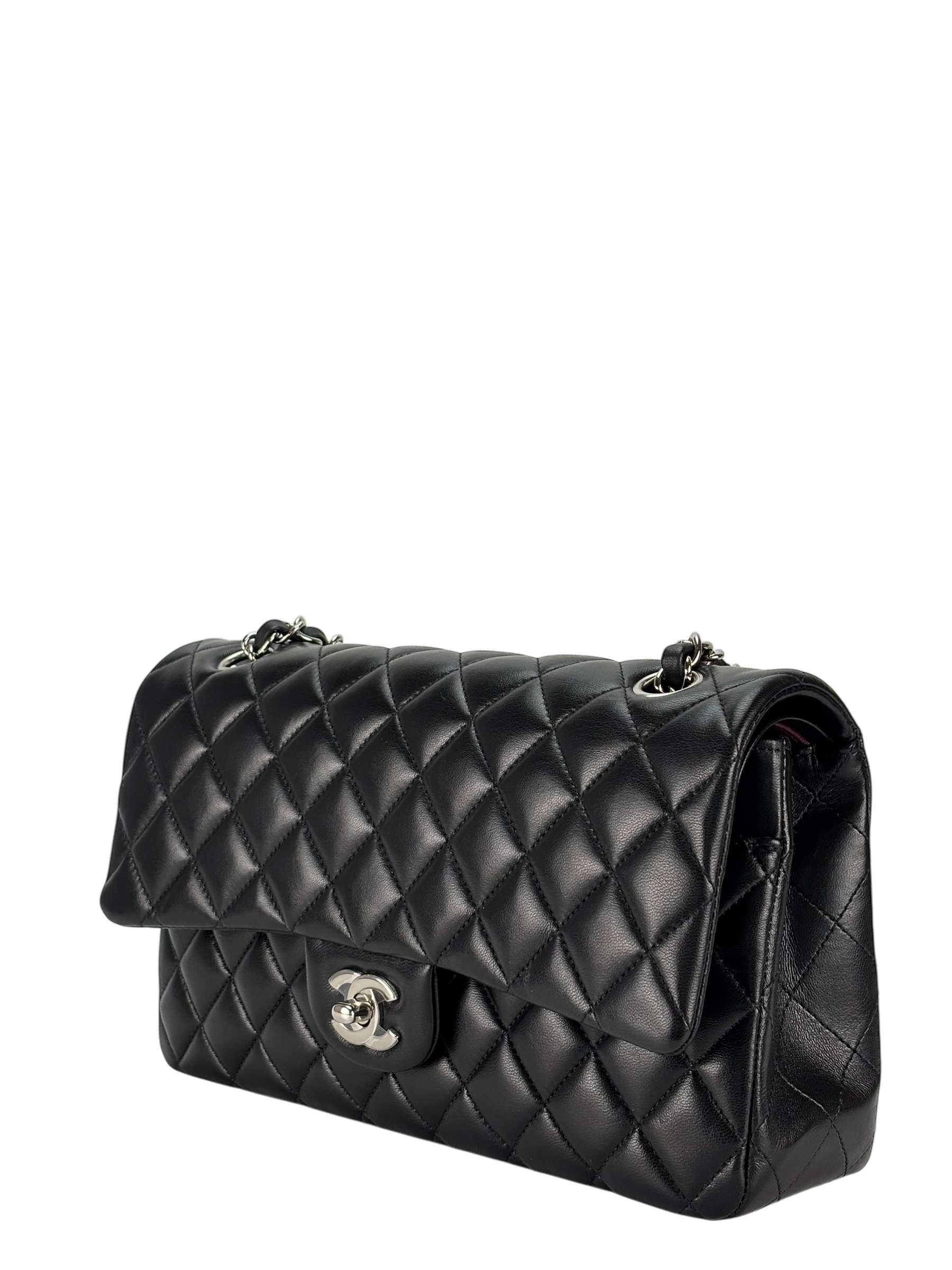 CHANEL - Medium Classic Double Flap Bag Black Lambskin Sliver Hardware (CF25)