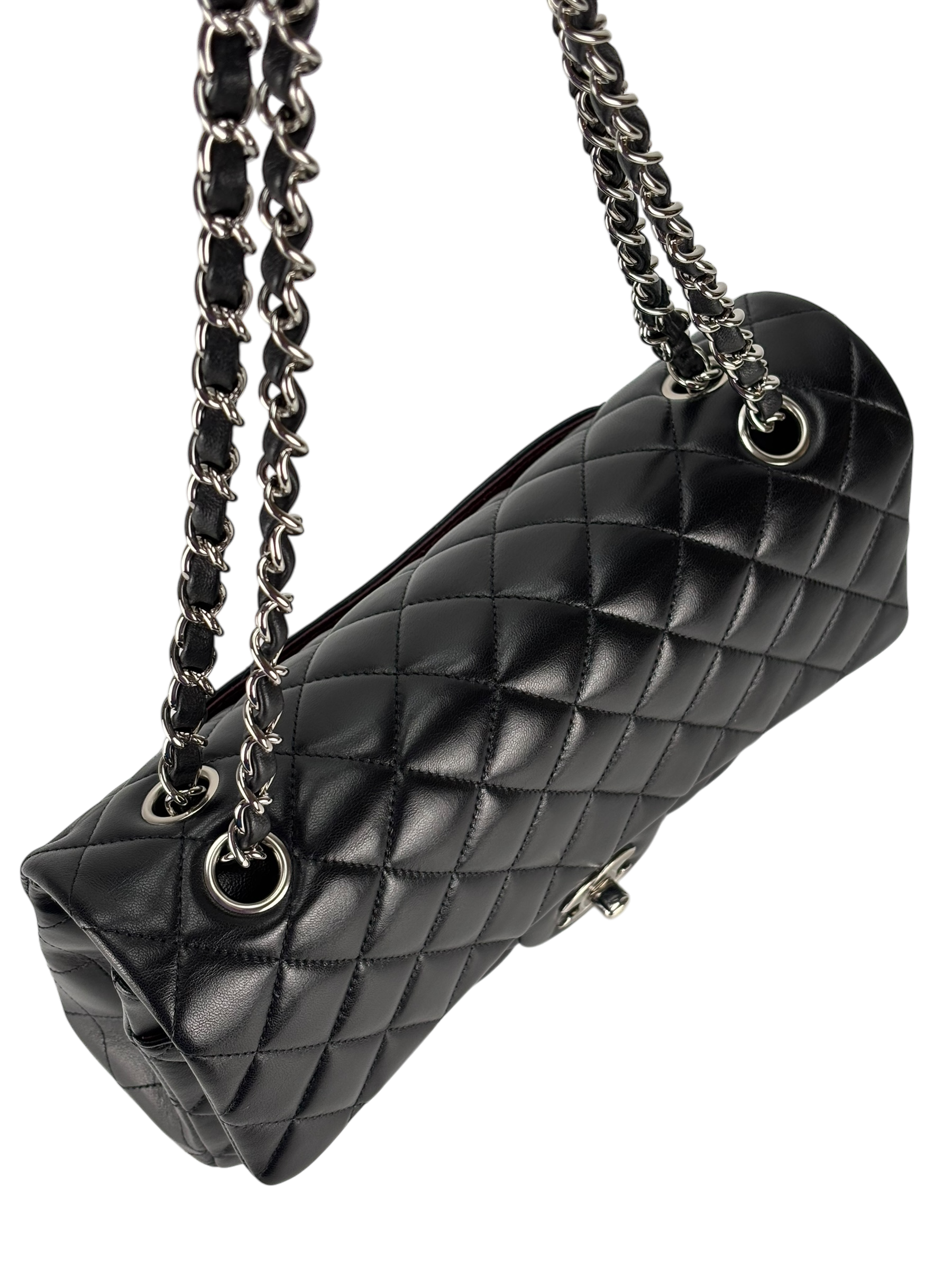 CHANEL - Medium Classic Double Flap Bag Black Lambskin Sliver Hardware (CF25)