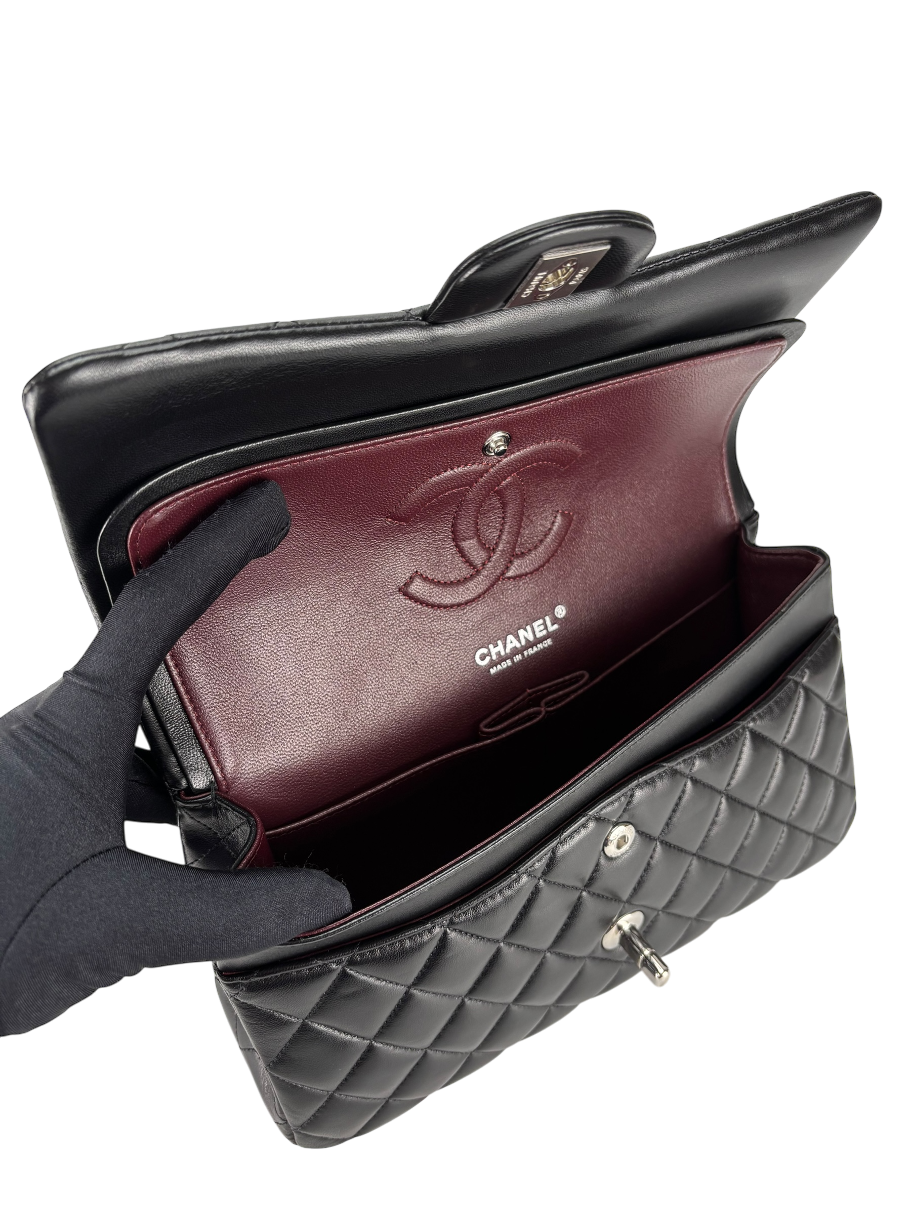 CHANEL - Medium Classic Double Flap Bag Black Lambskin Sliver Hardware (CF25)