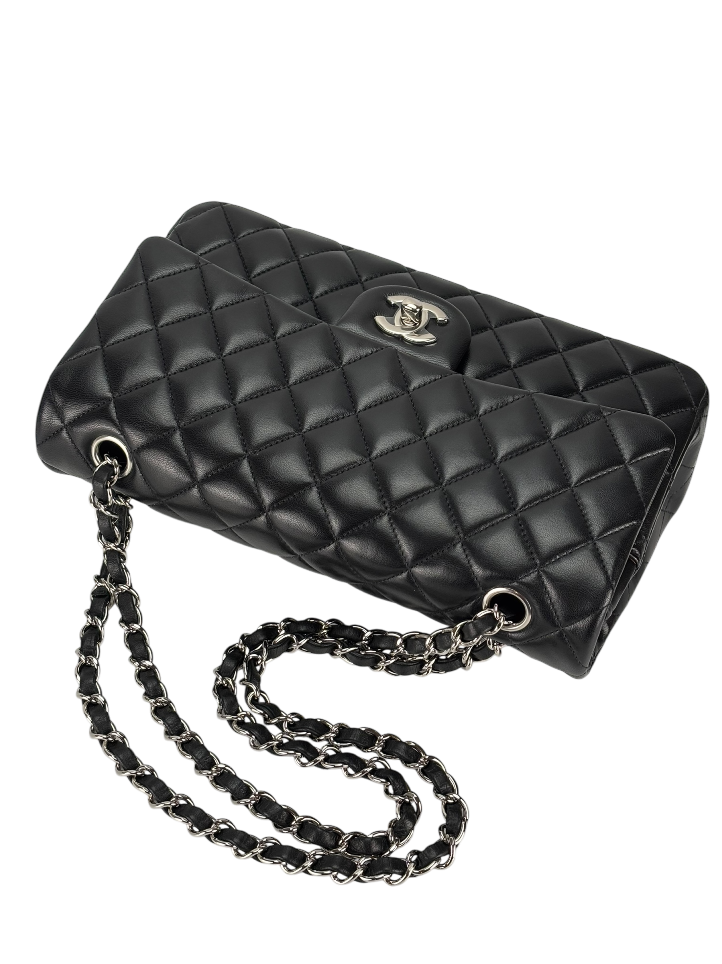 CHANEL - Medium Classic Double Flap Bag Black Lambskin Sliver Hardware (CF25)