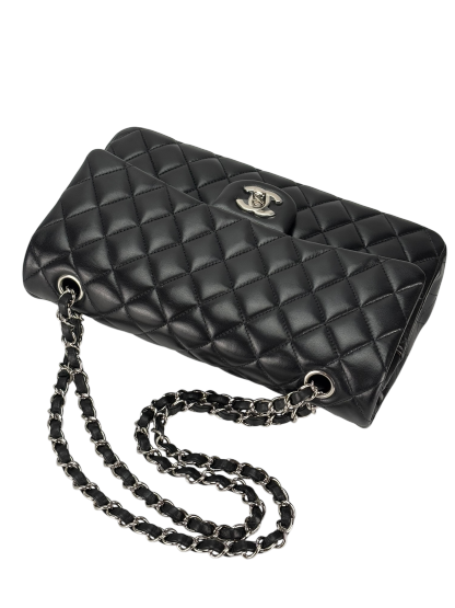 CHANEL - Medium Classic Double Flap Bag Black Lambskin Sliver Hardware (CF25)
