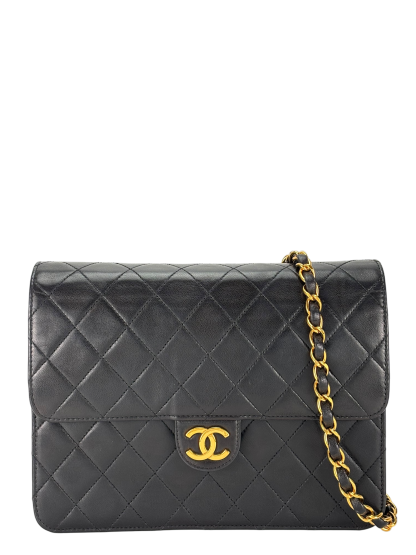 CHANEL - Black Lambskin Matelasse Pushlock Chain Shoulder Bag