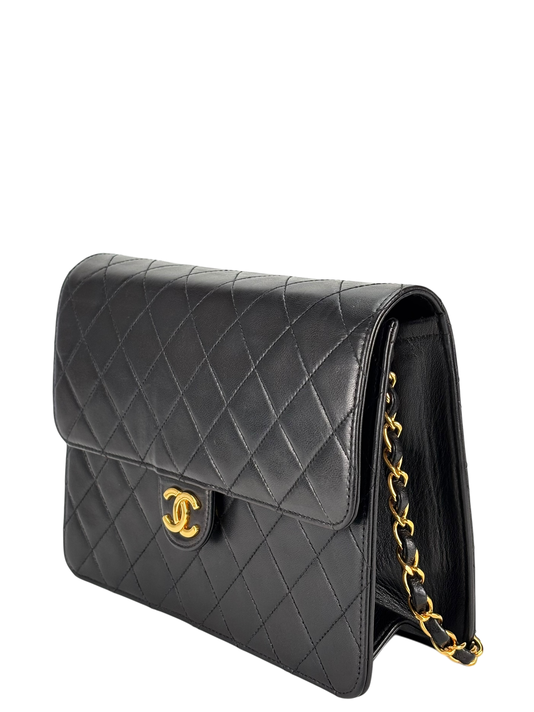 CHANEL - Black Lambskin Matelasse Pushlock Chain Shoulder Bag