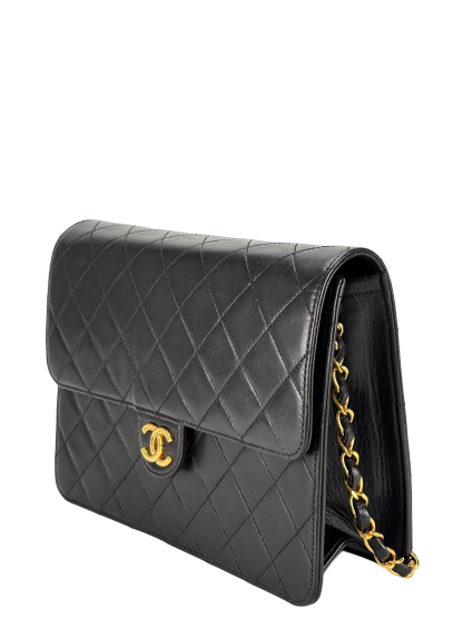 CHANEL - Black Lambskin Matelasse Pushlock Chain Shoulder Bag