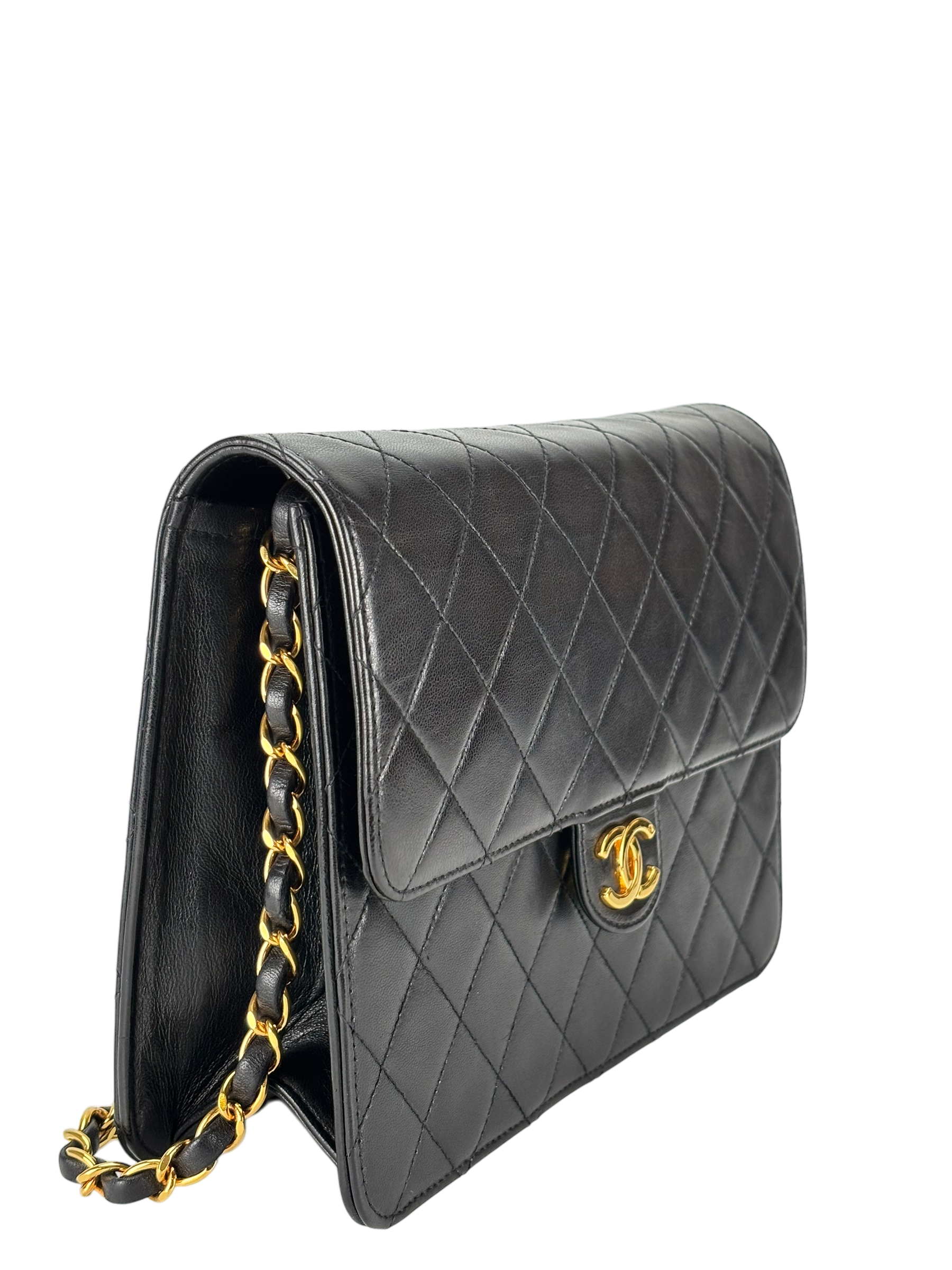 CHANEL - Black Lambskin Matelasse Pushlock Chain Shoulder Bag
