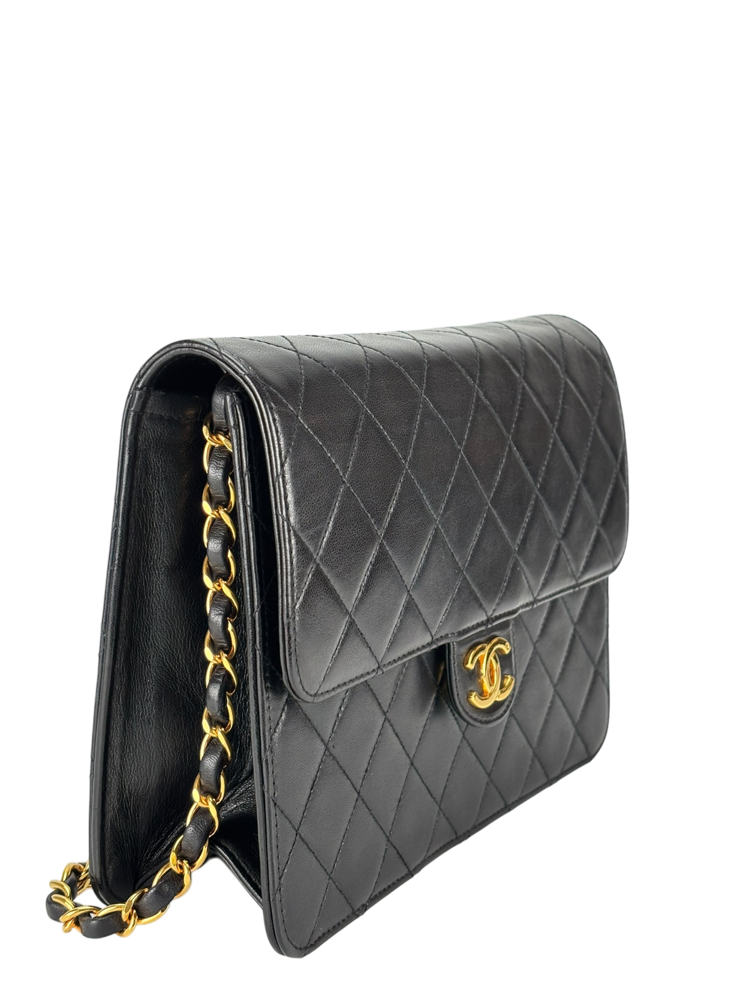 CHANEL - Black Lambskin Matelasse Pushlock Chain Shoulder Bag