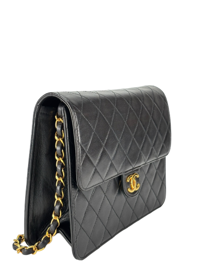 CHANEL - Black Lambskin Matelasse Pushlock Chain Shoulder Bag