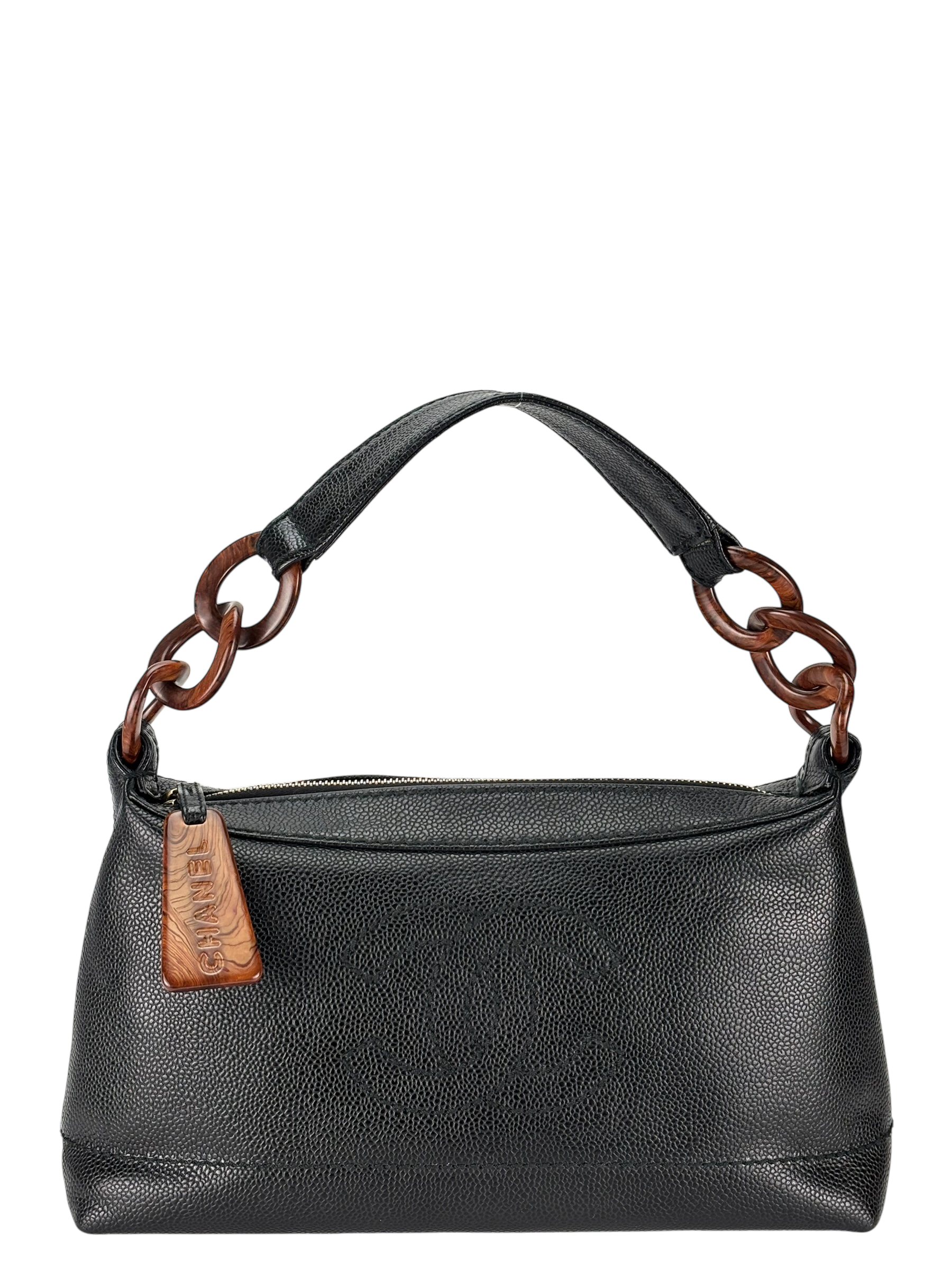 CHANEL - Black Cavair Coco Mark Wood Chain Hobo Bag Shoulder Bag