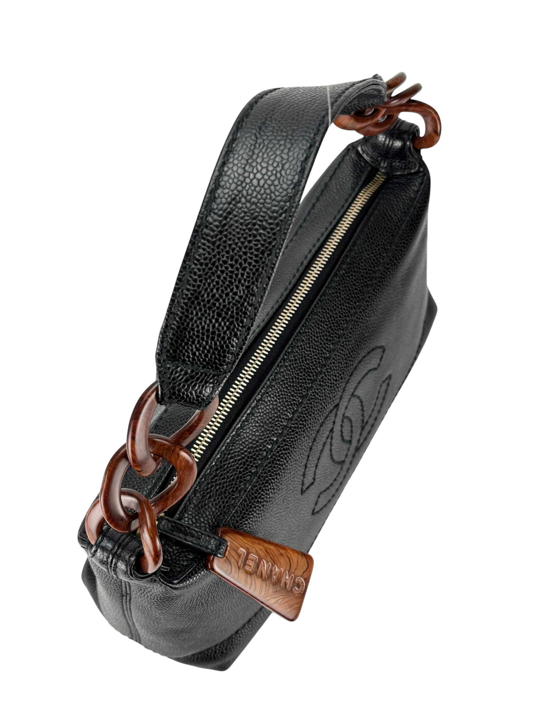 CHANEL - Black Cavair Coco Mark Wood Chain Hobo Bag Shoulder Bag